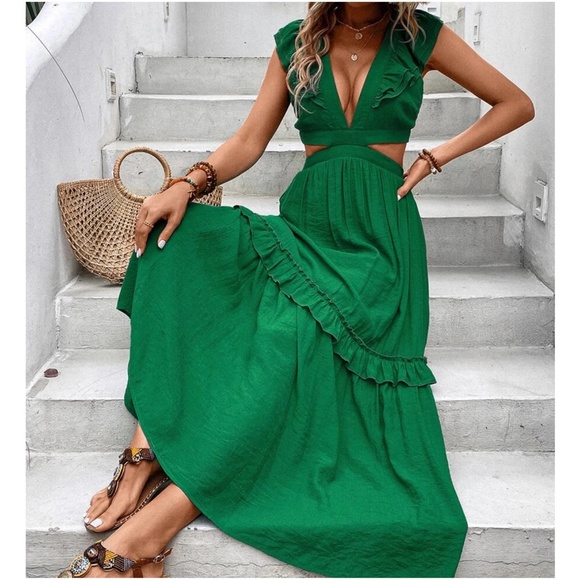 Sexy Lace up back cut out Ruffle Sleeve Maxi Dress - Picture 2 of 4